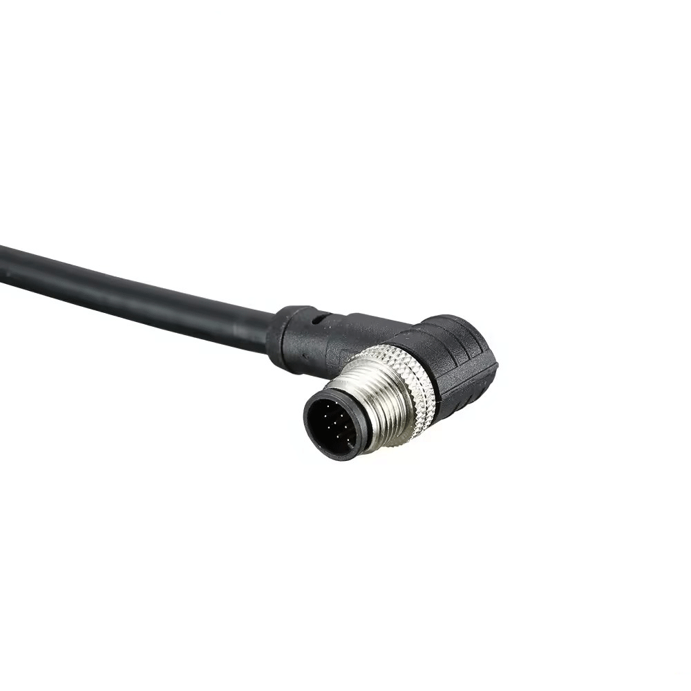M12 male molded 90 degree angled cable 4 poles waterproof connector